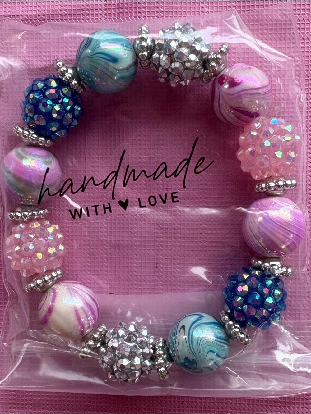 Handmade Kids Beaded Stretch Bracelet - Pink & Blue